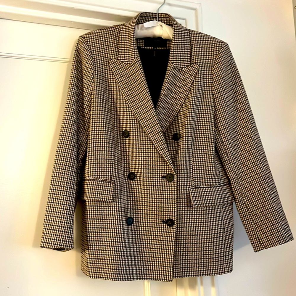 Maje Voldito Mini Herringbone Check Double Breasted Blazer